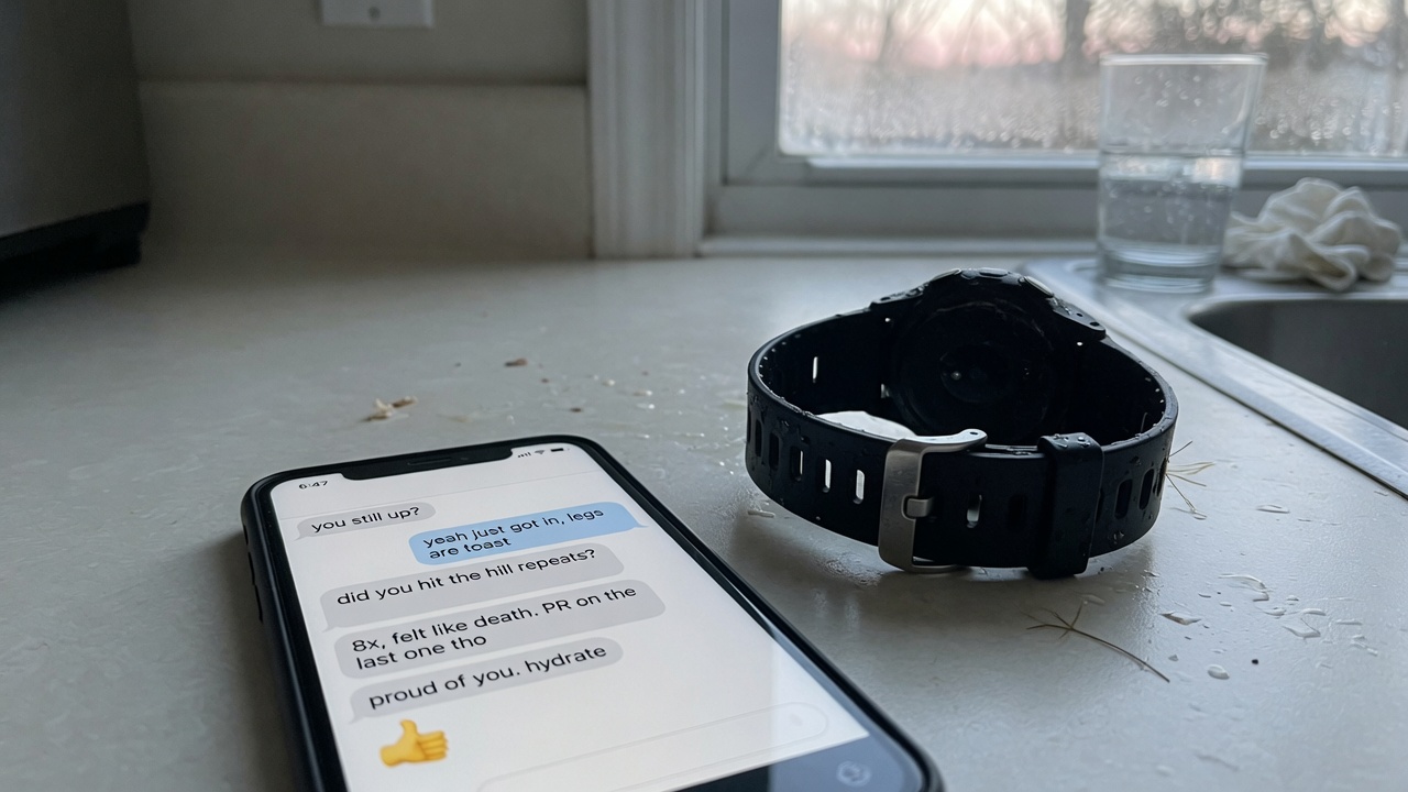 Phone and sport watch on a kitchen counter after training.
