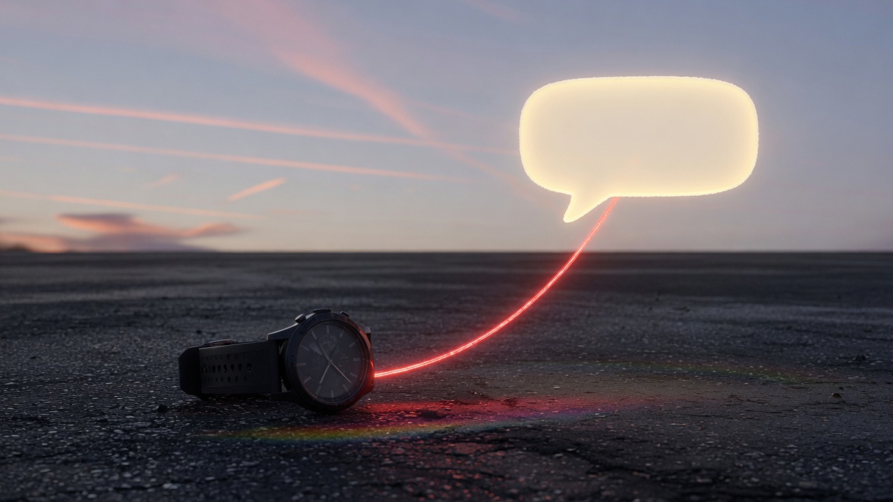 A thread of red light between a sport watch and a chat bubble at dawn.