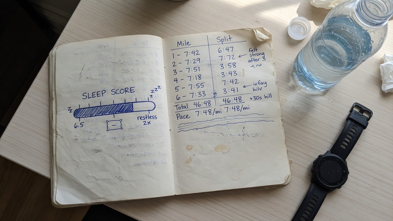 Notebook with handwritten splits and a sleep doodle next to a watch.