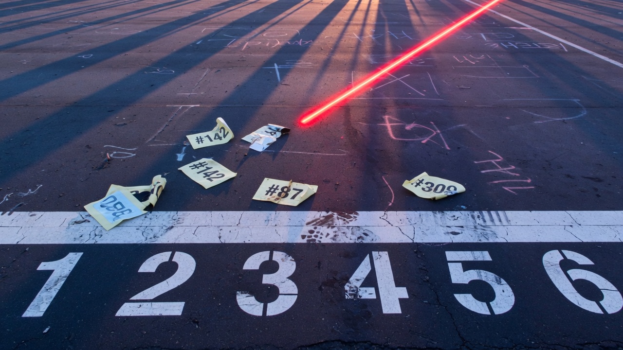 Painted lane numbers on a track at sunrise.