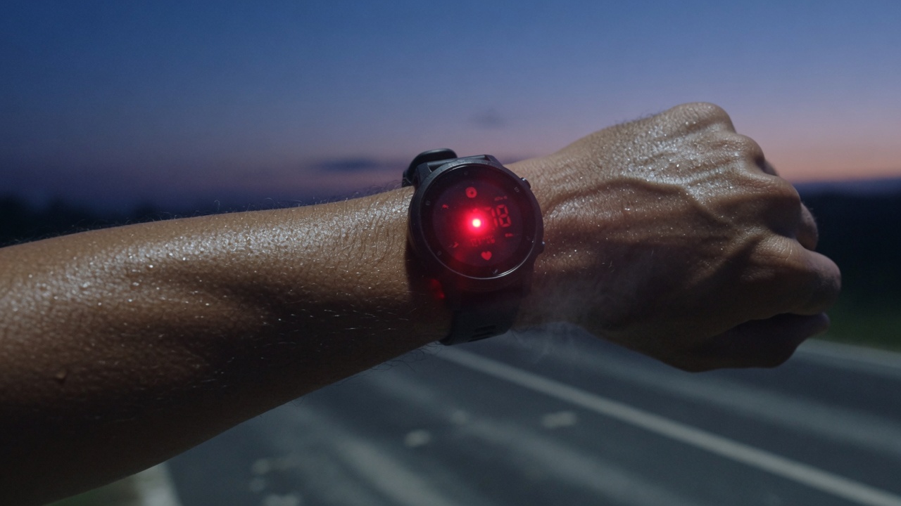 Runner’s wrist and sport watch on a road at blue hour.